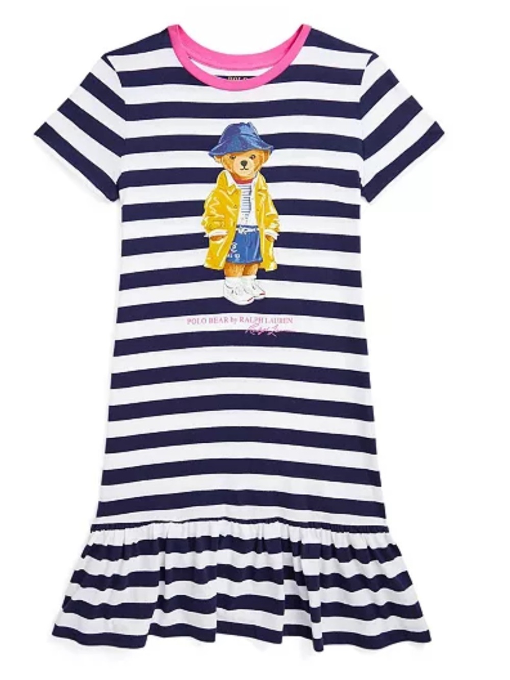 Ralph Lauren POLO Toddler Girls Striped Bear Cotton Jersey Dress Navy White 3T